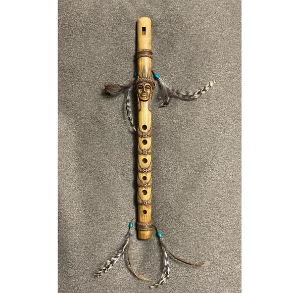 Vintage Hand Carved Wooden Flute with Leather Ties Feathers & Turquoise Beads - Picture 2 of 16